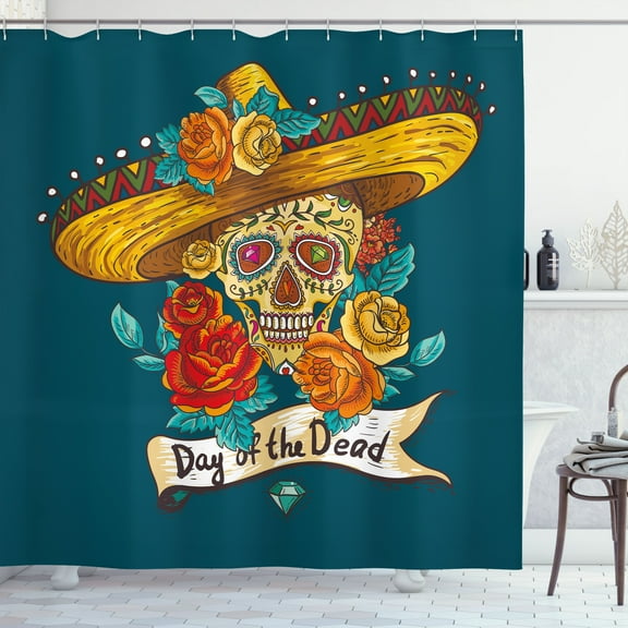 Ambesonne Skull Shower Curtain, Mexican Hat, 69"Wx70"L, Petrol Blue Turquoise