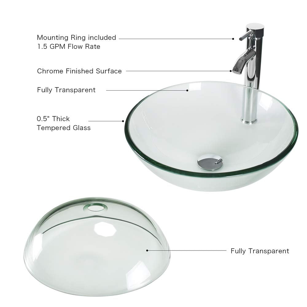 Eclife 24" Gray Bathroom Vanity Set with Wood Top, Clear Glass Sink, Water Saving Faucet, Pop up Drain Combo