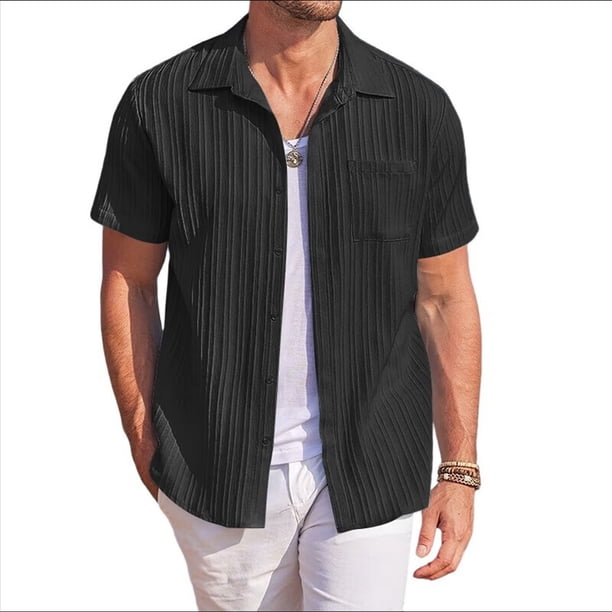 Camisas Casuales de Corta con Botones para Hombre, con Textura, para Playa y Verano, con Bolsillo Negro M