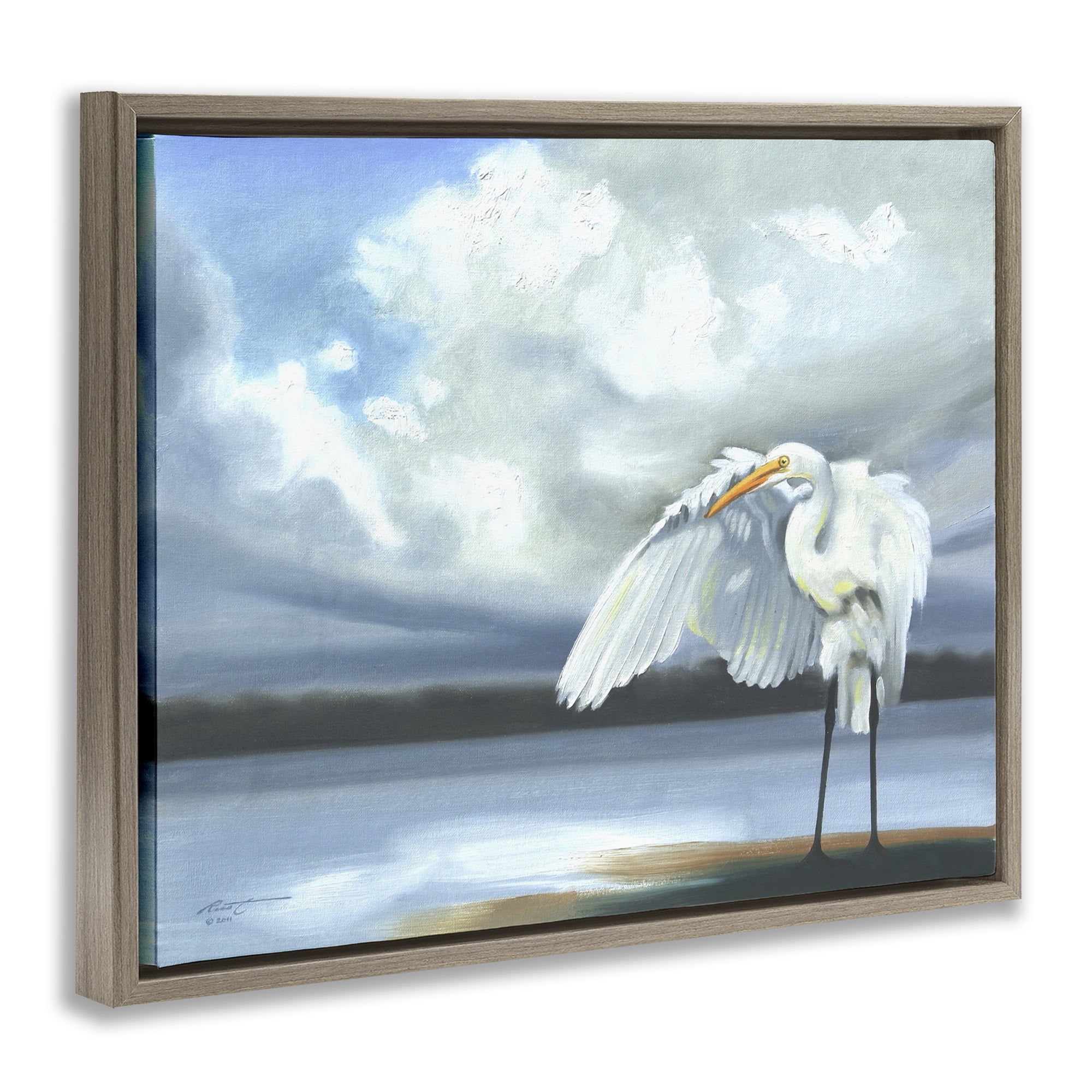 Stupell Industries Egret on Cloudy Beach Shore Animals & Insects Painting Brown Floater Framed Canvas Art Print Wall Art, 21 x 17