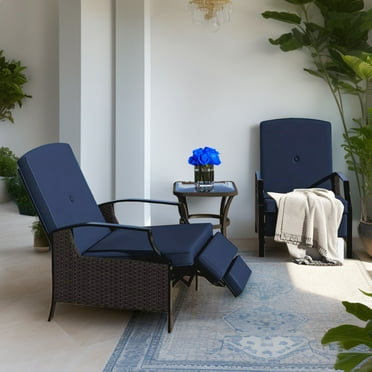 ModFusion 2-Piece Outdoor/Indoor Wicker Recliner Chair 250 lbs Capacity with Adjustable Seat Cushion and Extendable Footrest, Navy Blue