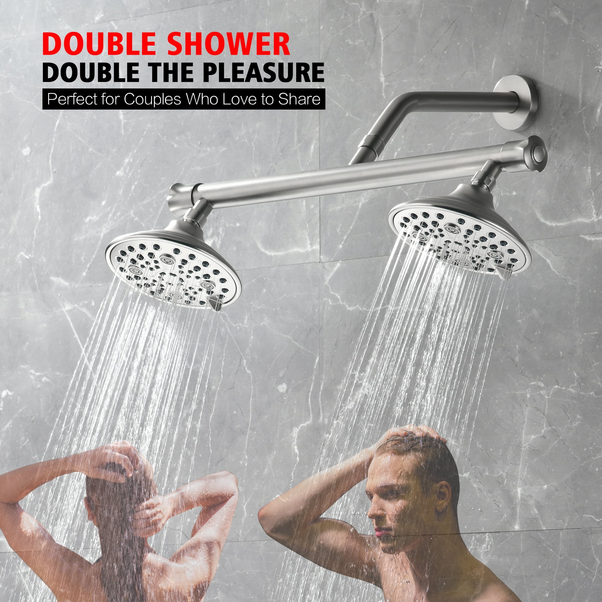sumerain Dual Showerhead and Shower Arm Kit for Couples, 6 Spray Settings, Easy for Remodel&Retrofit, Brushed Nickel Finish