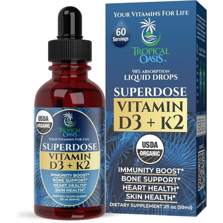 Tropical Oasis USDA Organic Superdose Vitamin D3   K2 Drops for Adults, Liquid Vitamin Supplement for Immunity Boost, Bone Support, Heart & Skin Health, Tropical Fruit, 2 fl oz, 60 Servings