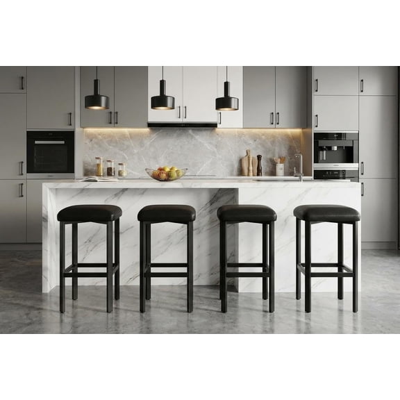 Bar Stools Set of 4, Modern Backless PU Leather Counter Height Stools with Footrest, 24-Inch Upholstered Seats for Kitchen Island, Sturdy Metal Frame with Adjustable Feet, Black