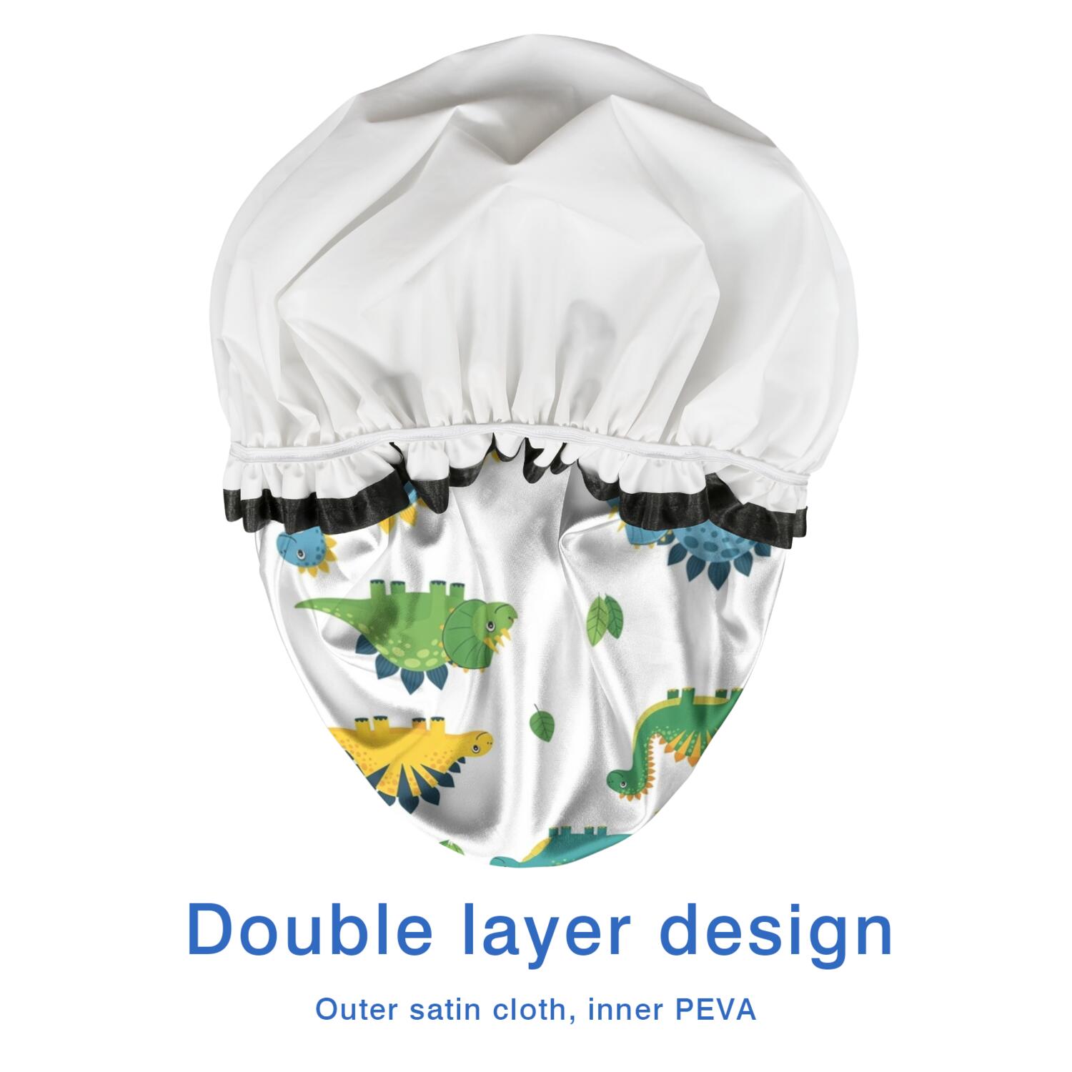 Shower Caps,White Dinosaurs Plants Leaves Pattern Waterproof Shower Cap for Women 4 Pieces,Double Reusable Hair Cover for Shower PEVA Elastic Stretch Hem