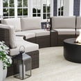 thumbnail image 3 of Martha Stewart Set of 2 Indoor-Outdoor Modular Patio Curved Sectional Sofa Seats and Side Table in Brown Rattan Wicker with Tan All-Weather Cushions, 3 of 13