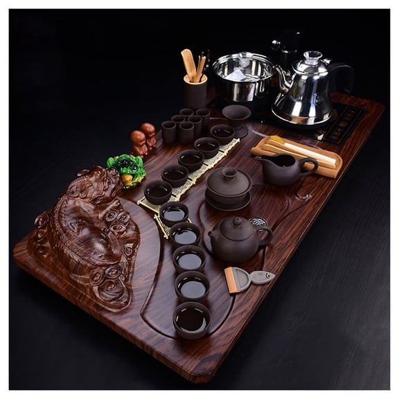 Fully Automatic Set Of Kung Fu Tea Set, With Wooden Tea Tray, Full Set Of Small Tea Ceremony Tea, Tea Coffee Table Simple Tea Set, Water Heater, Tea Cup, Chinese Ceramic Gongfu Tea Sets