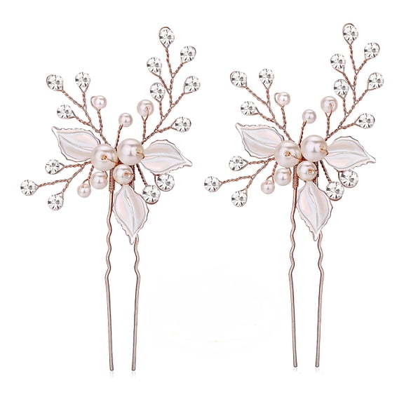 Rose Gold Wedding Hair Pins Pure Handmade Leaves Design Bridal Hair Pin with Rhinestones and Handmade Pearls Set Of 2 (Rose Gold)