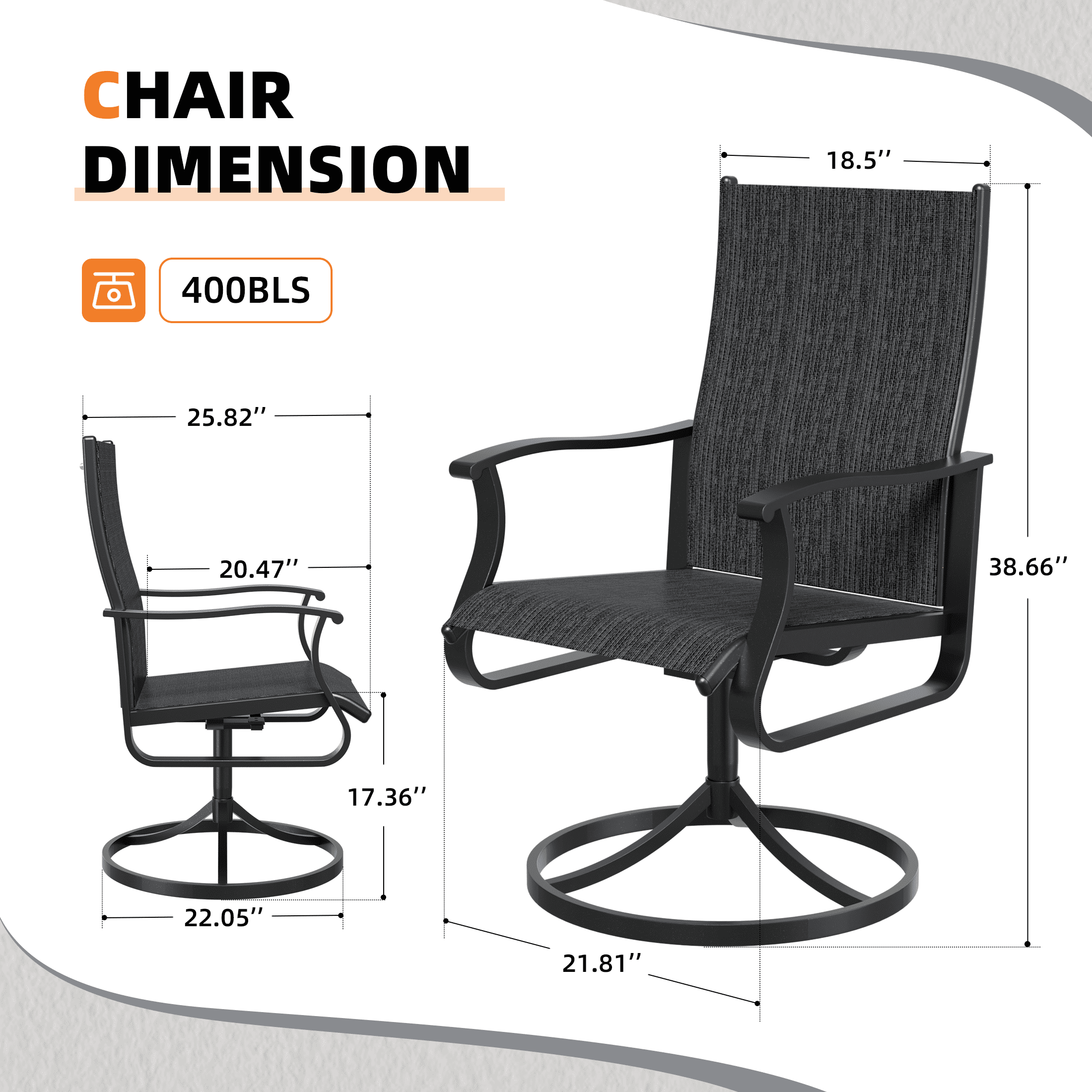UDPATIO Low Back Outdoor Dining Chair Set of 2, 360°Swivel Patio Chair Outside for Lawn Garden Backyard Deck, Dark Grey