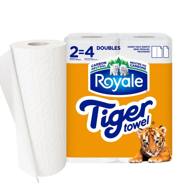 Pack of Royale Tiger Towel paper towels with 2 double rolls equivalent to 4 regular rolls, showing textured white sheets and a tiger cub illustration on the packaging.