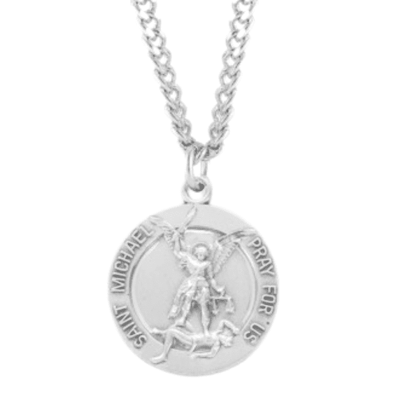 Saint Michael Round Sterling Silver Medal with Guardian Angel Back, 24" Rhodium Plated Stainless Steel Chain, Gift Box Included