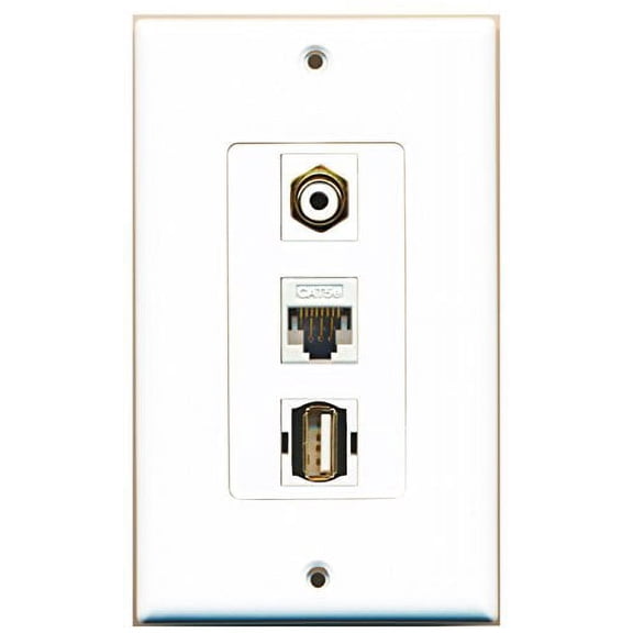 RiteAV - 1 Port RCA White and 1 Port USB A-A and 1 Port Cat5e Ethernet White Decorative Wall Plate