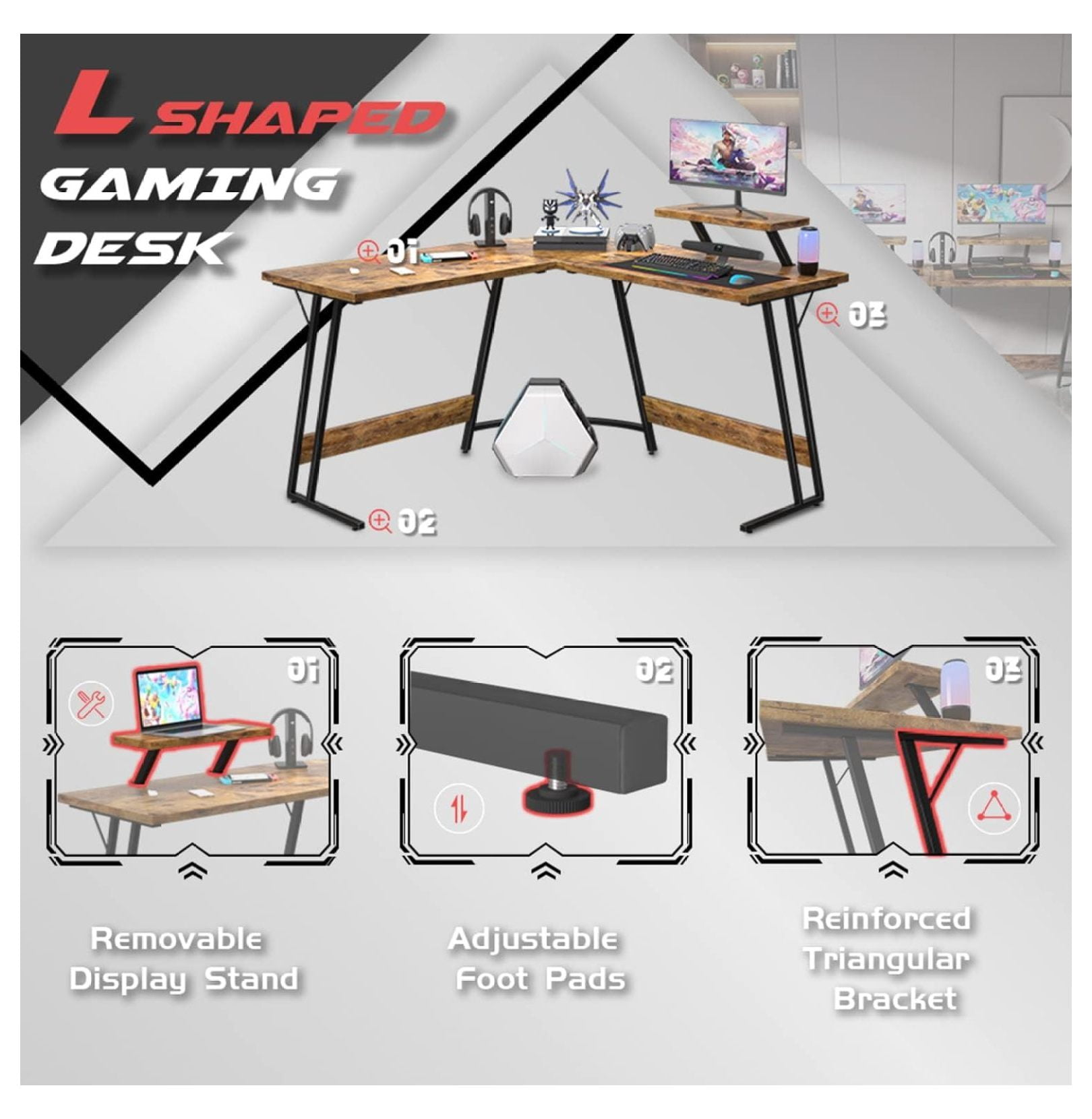 SONGMY L Shaped Gaming Desk Computer Corner Desk PC Gaming Desk Table with Large Monitor Riser Stand for Home Office Sturdy Writing Workstation (Classical Brown, 51 Inch)