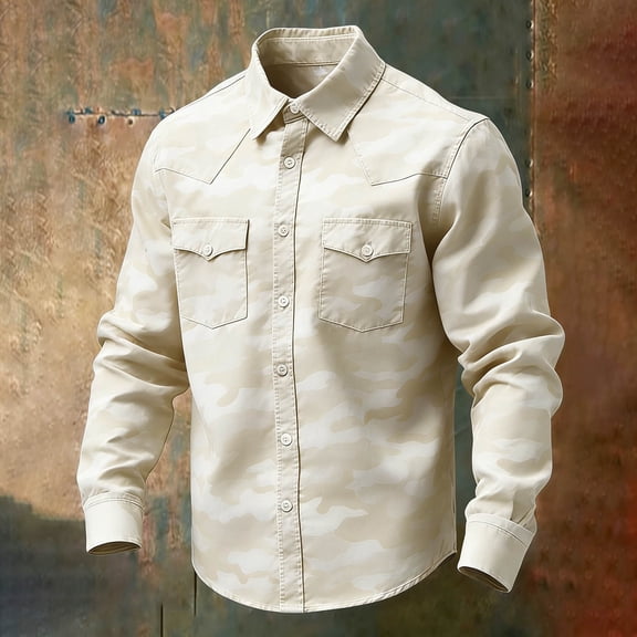Blmnix Men Shirts Heavyweight Vintage Shirts Guide T shirt Collared Beige Long Sleeve Mens Shirts Big And Tall,XXL