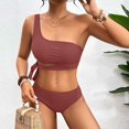 thumbnail image 2 of Swim Suits For Women Solid Color One Shoulder Elastic Bra And Panty Set Split Two Piece Tankinis Swimwears Bathing Suits,Red,M, 2 of 5