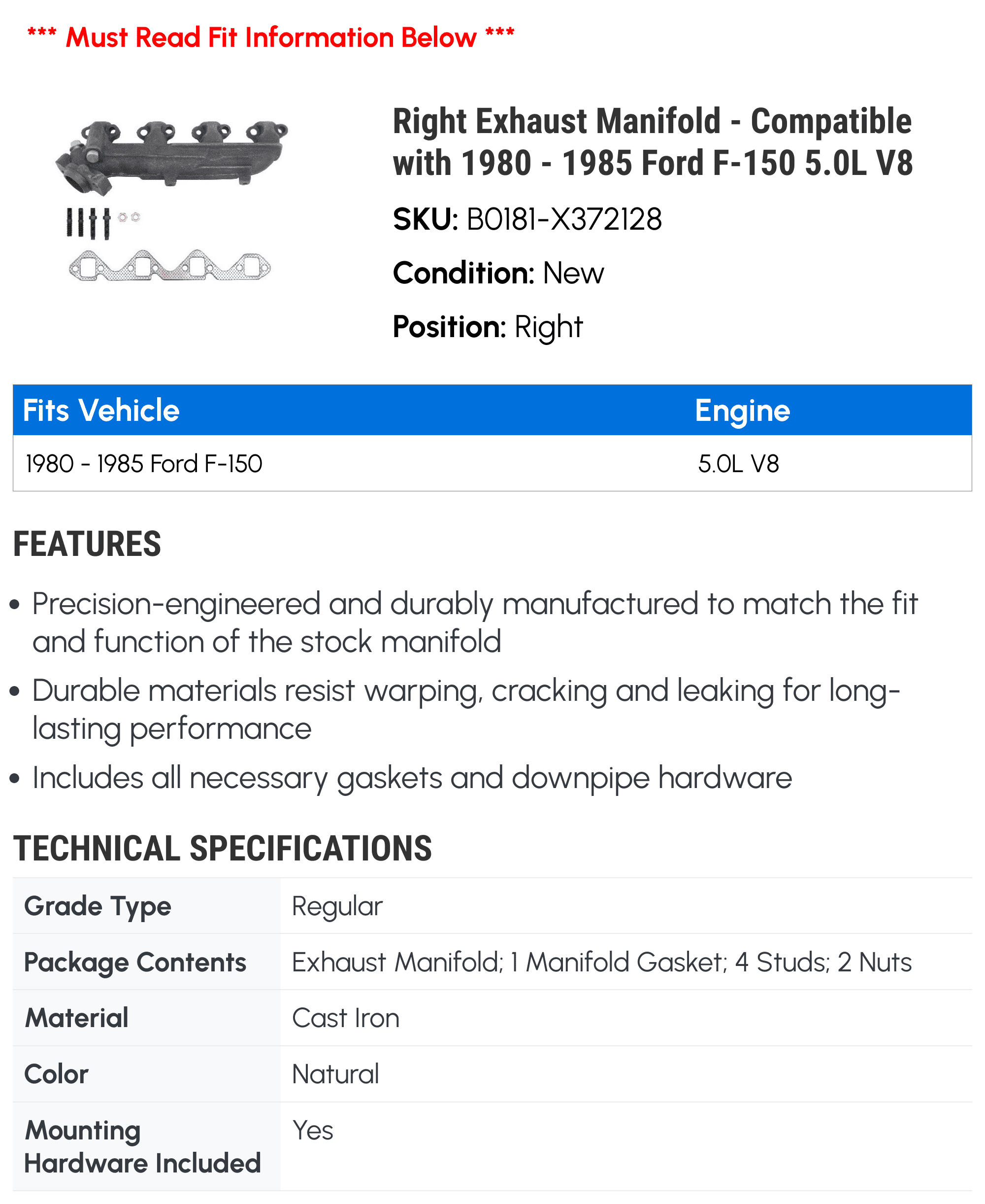 Right Exhaust Manifold - Compatible with 1980 - 1985 Ford F-150 5.0L V8 1981 1982 1983 1984