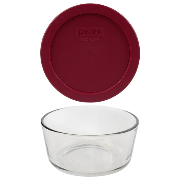 Pyrex 7201 Round 4-Cup Glass Food Storage Bowl and 7201-PC Sangria Red Lid Cover