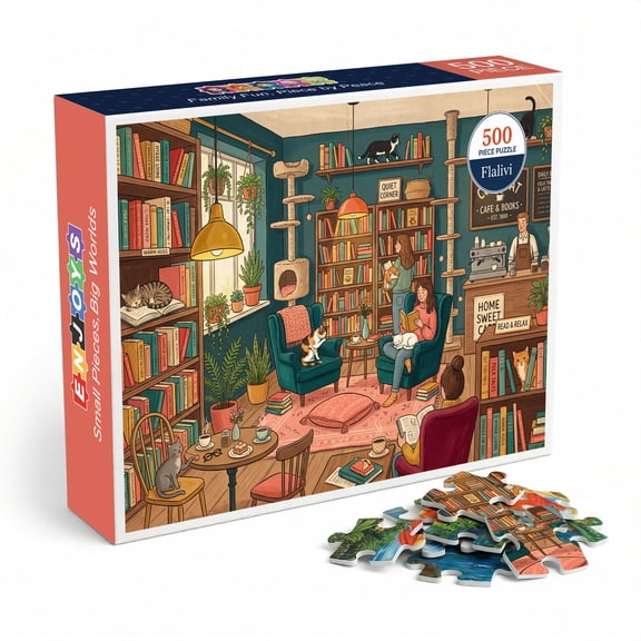 Cozy Cat Cafe Bookstore Jigsaw Puzzle for Adults 500 Pieces, Charming Illustrated Art Style, Premium Thick Cardboard with Matte Finish, Perfect Gift for Cat and Book Lovers