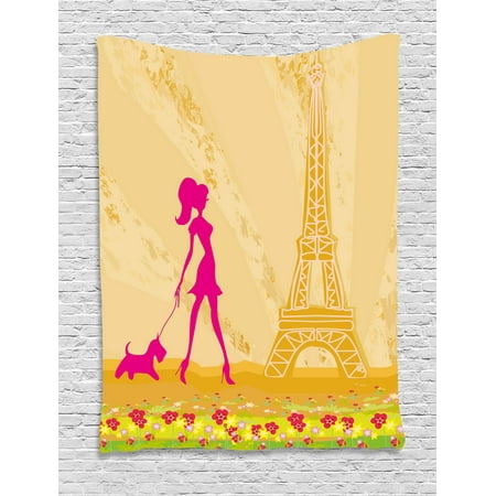 Paris Themed Bedroom For Teenagers Teen Room Decor Tapestry, Pink Silhouette of A Girl with the Dog Eiffel Tower in Paris Design, Wall Hanging for Bedroom Living Room Dorm Decor, 40W X 60L Inches, Apricot Hot Pink, by Ambesonne ()
