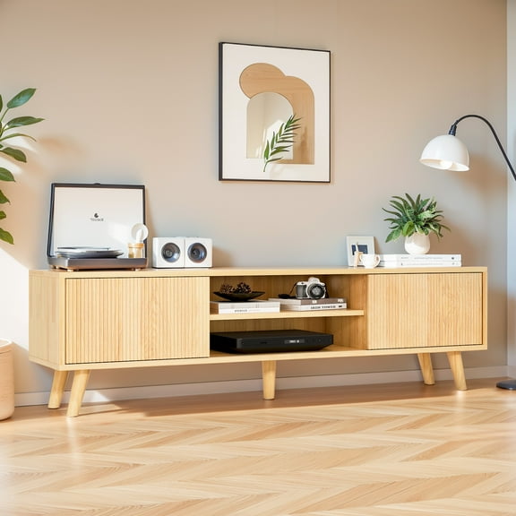 PARKWELL TV Stand for TVs up to 70",Mid Century Entertainment Center for TVs with Adjustable Shelves, Storage Drawers, Sliding Door TV Console Table for Living Room,Natural