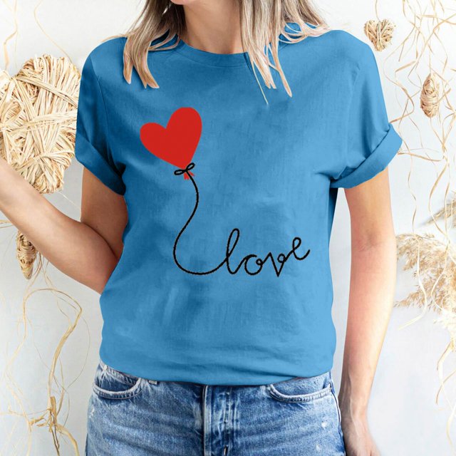 Meichang Hauts pour Femmes T-Shirts de la Saint-Valentin T-Shirts de Fête à Col Rond T-Shirts à Imprimé Cœur d'Amour T-Shirts à Manches Courtes Jolis Tees Blouses en Liquidation