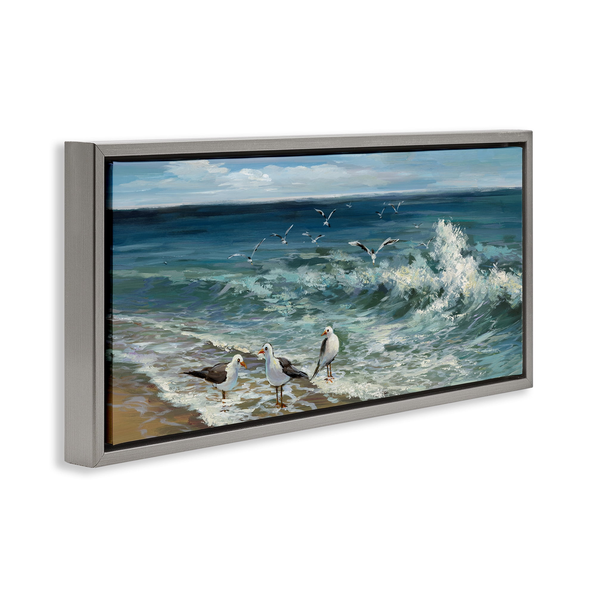 Stupell Industries Incoming Beach Tide Seagulls Nature Painting Gray Floater Framed Canvas Art Print Wall Art, 25 x 11