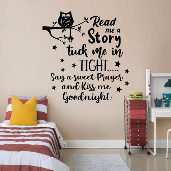 Bedroom Quote Decal Read Me A Story Tuck Me In Tight Say A Sweet Prayer And Kiss Me Goodnight Vinyl Wall Decal Wall Art Sticker Room Decoration Design Home Room Bedroom Nursery Room Size (20x20 inch)