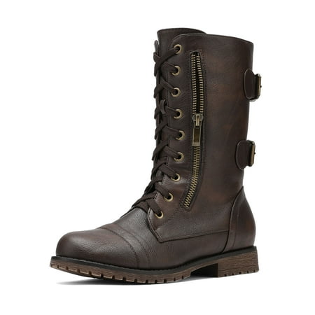 

DREAM PAIRS Women s Fashion Winter Faux Fur Lining Combat Boot Mid Calf Military Pocket Wallet Boots TERRAN BROWN Size 8.5