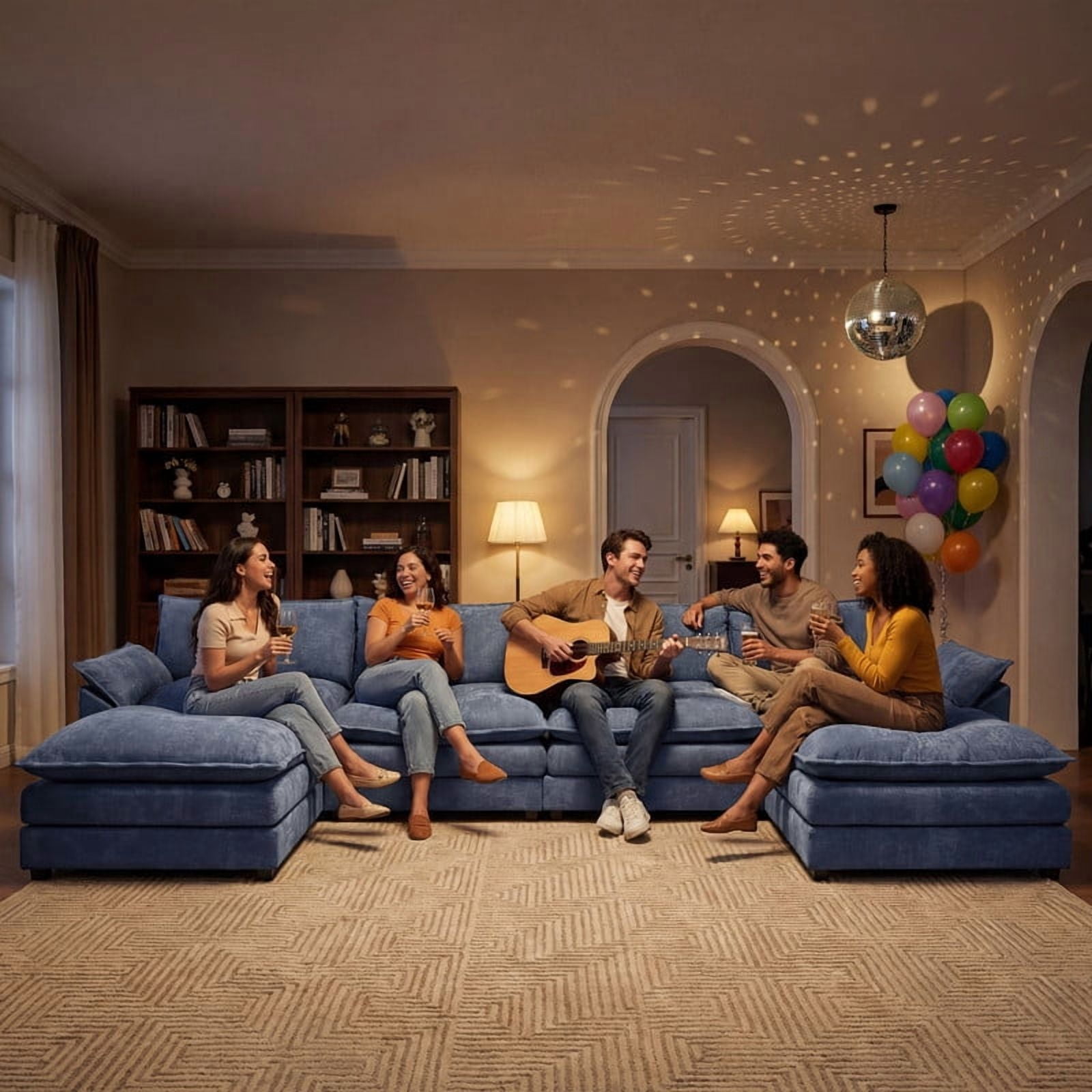Lacoo 4-Seat Cloud Couch U-Shaped Sectional with Reversible Chair & Movable Footrest, Blue