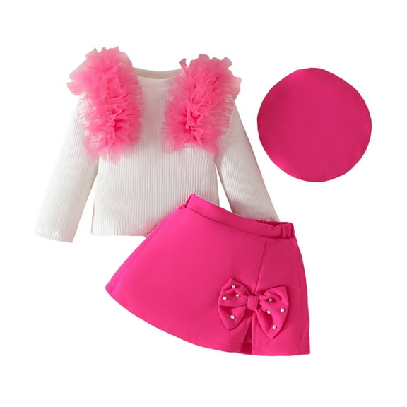 2 Piece Outfit for Kids Children's Solid Color Casual Fashion Long Sleeve Mesh Lace Knit Striped Top and Three-Piece Set of Pearl Bow Short and Hart Skirt for Kids Get It Fast