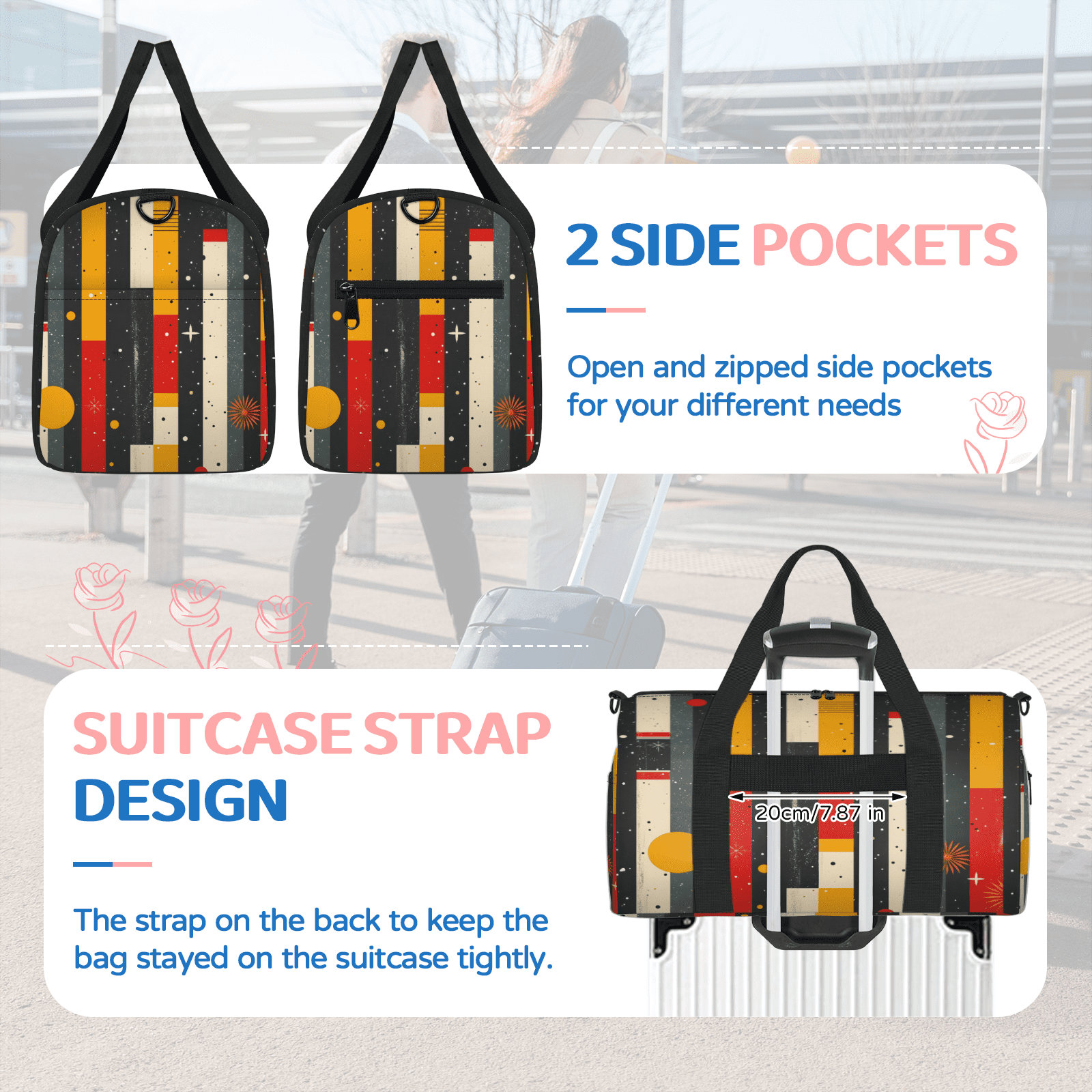 Herdesigns Boho Striped Gym Bag for Women, Duffle Bag for Travel Sport, Geometry Lightweight Waterproof Carry on Weekender Dance Yoga Workout Bags