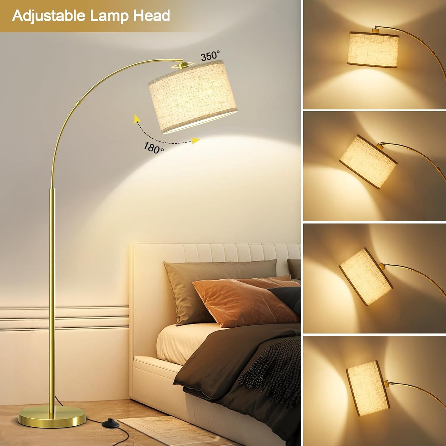 Arc Floor Lamp, 71" Tall Standing Lamp with On/Off Foot Switch, Gold Floor Lamp for Living Room with Adjustable Drum Lampshade, Over Couch Arched Reading Light for Reading, Bedroom, Office