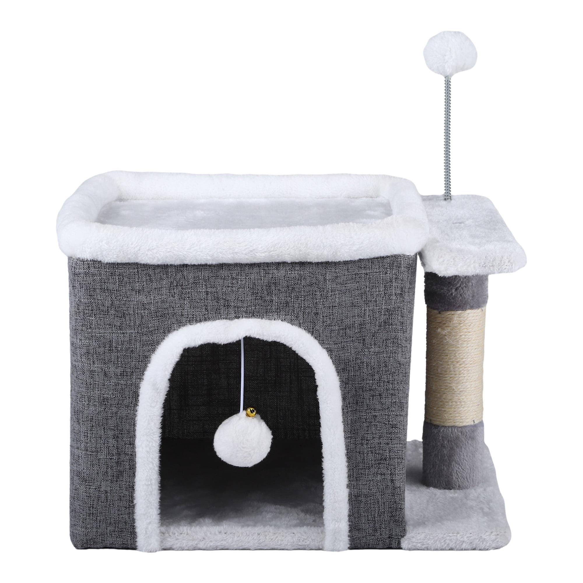Uforic Indoor Cat Cube House with Sisal Post & Hanging Ball, Covered Cat Bed for Indoor Kittens, Gray