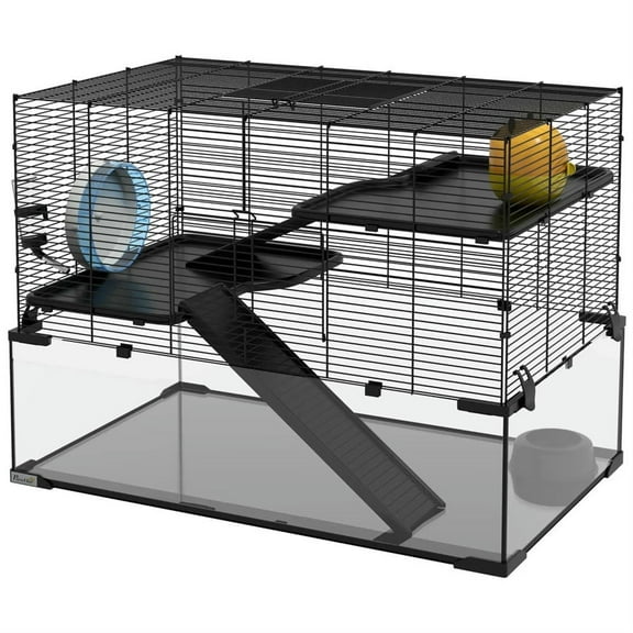 Demi Bonn 31" Hamster Cage, Gerbil Cage with Glass Basin for Small Hamsters, 3 Levels Small Animal Habitats, Black