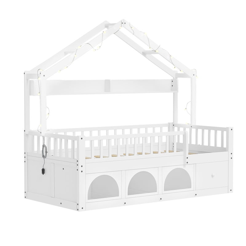 Twin Size Kids Montessori Floor Bed Frame with Guardrail & Drawer, Children House Platform Bed with LED Light & Small Cat Bed