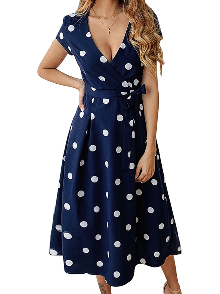 ZANZEA Ladies V-Neck Short Sleeve Polka Dot Dress Casual Sundress With ...