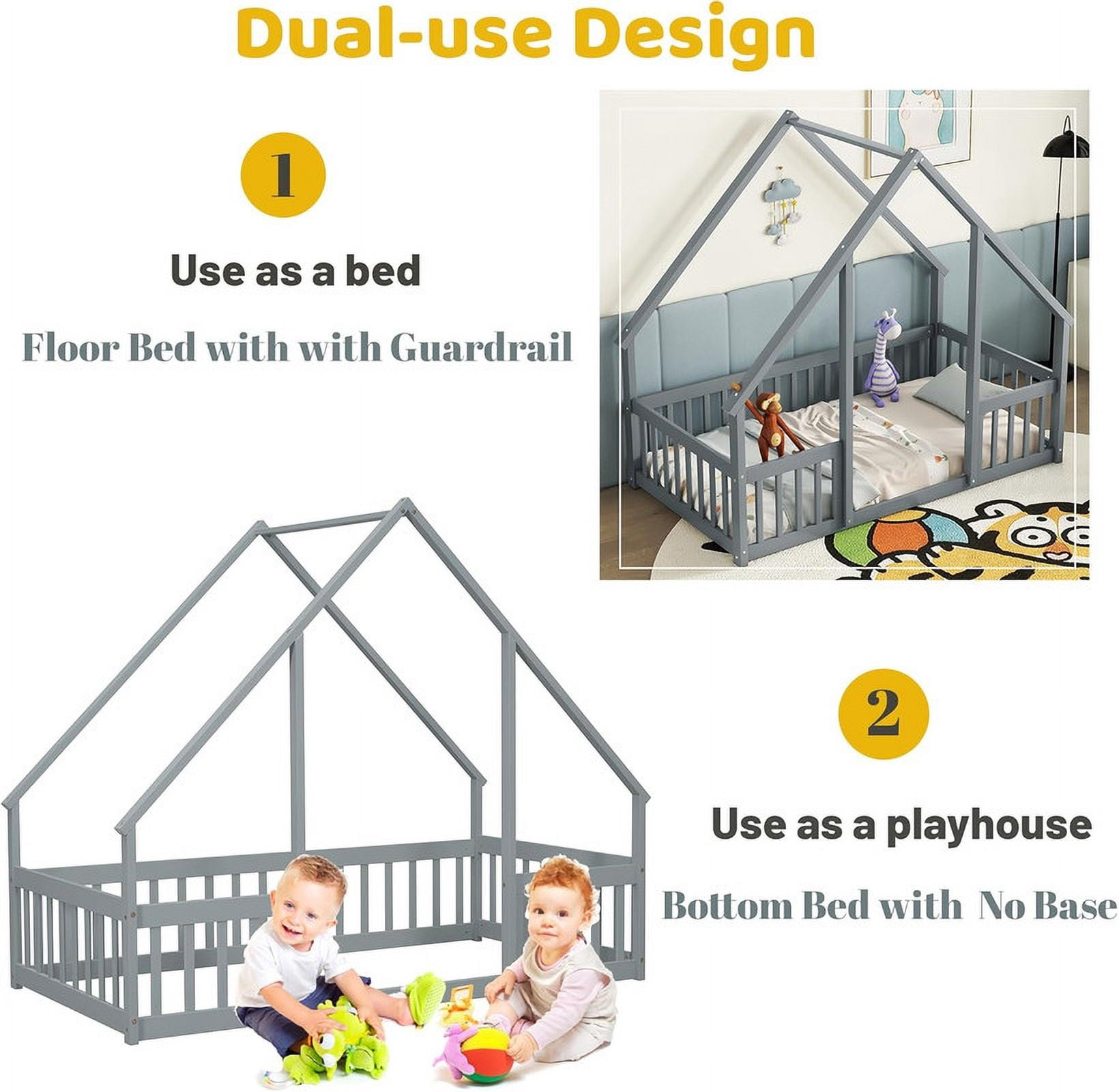 Mirightone Twin Size House Floor Bed Frame with Triangular Roof and Fence Rails, Wooden Floor Bed Frame for Girls,Boys, Montessori Floor Bed, Easy Assembly（Grey）