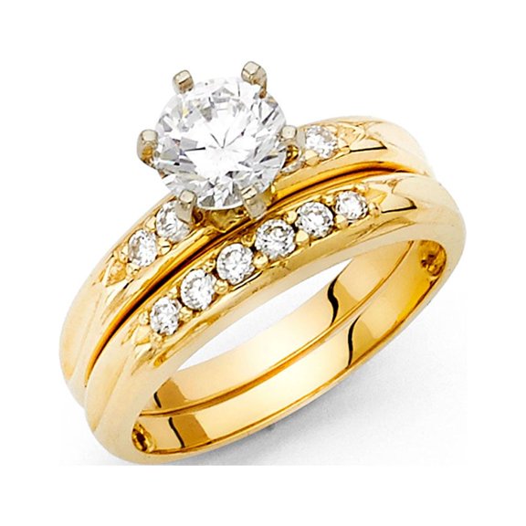 CZ Solitaire Engagement Ring & Wedding Band 14k Yellow Gold Bridal Rings Set Round CZ Side Stone Size 6