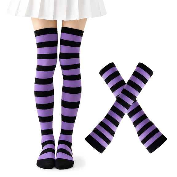 HonorHut Women's Wide Stripe Thigh High Socks Set Over-the-Knee Knitted Stockings with Fingerless Gloves Punk Gothic Costume Accessories Black Purple Striped