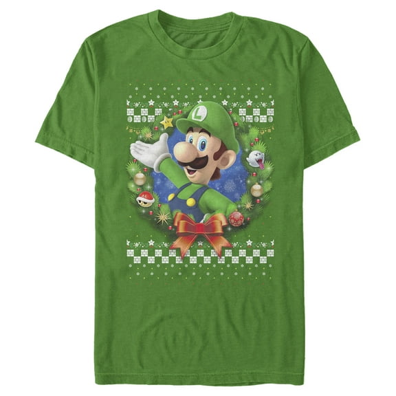 Men's Nintendo Christmas Luigi Wreath Graphic Tee Kelly Green 3X Large