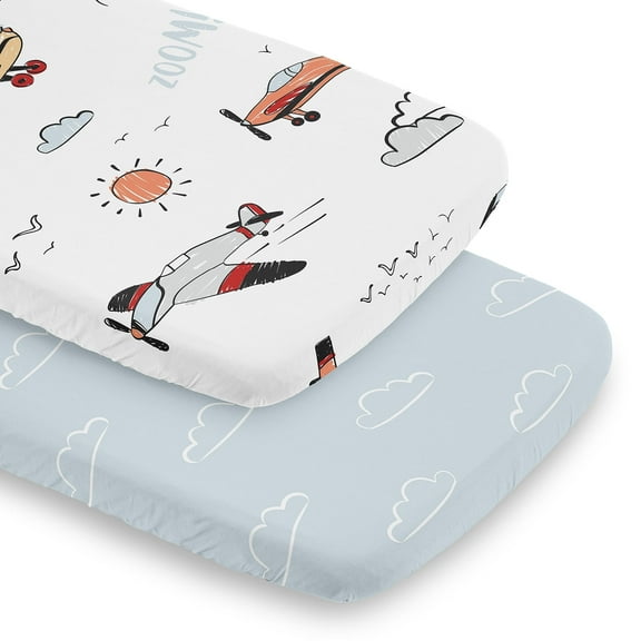 Sweet Jojo Designs Airplane Blue Red and Grey Baby Bassinet Fitted Sheets 2 Piece Set