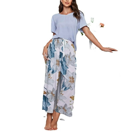 

Women s Pajama Sets Multicolor Casual Floral V neck Pant Sets Short Sleeve