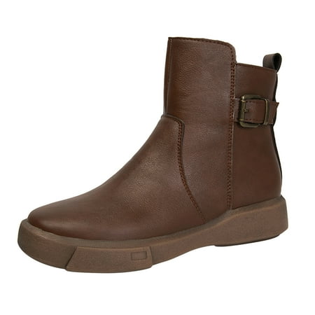 GEWSEY Womens Fall Boots Women s Flats Mid Calf Boots-Retro Non Slip Shoes For Women Winter Waterproof Boots For Women Brown 8.5