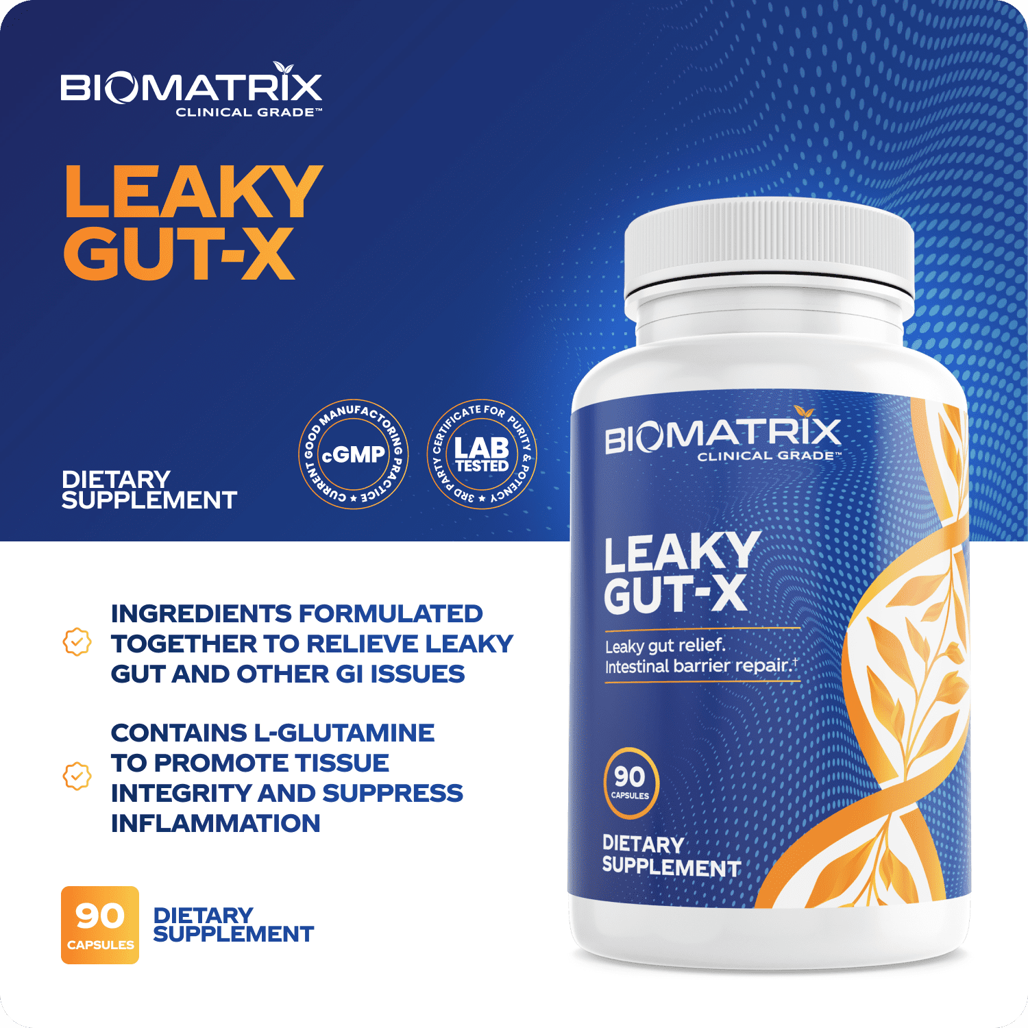BioMatrix Leaky Gut, IBS Supplement w/ L-Glutamine, Turmeric Root - Support Mucosa | 90 Caps