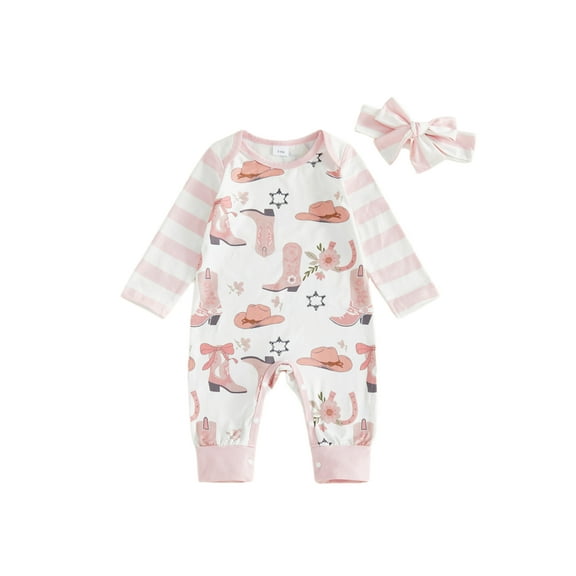 BemeyourBBs Newborn Baby Girls Western Clothes Cowgirl Outfits One Piece Romper Long Sleeve Boots Print Jumpsuit with Headband Fall Winter Spring Clothes