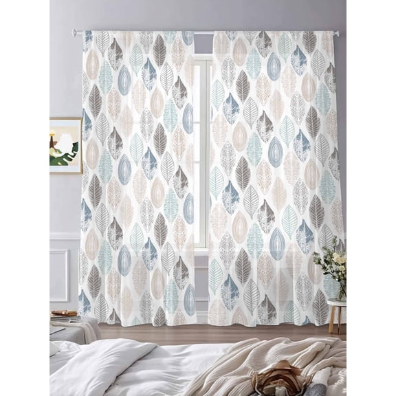 Leaves Specimens Sheer Curtains 84 inches Long 2 Panels Set Blue Khaki Teal Grey White Background Tiers Sheers Rod Pocket Small Window Short Curtains for Kitchen Cafe, Each 52" W x 84" L