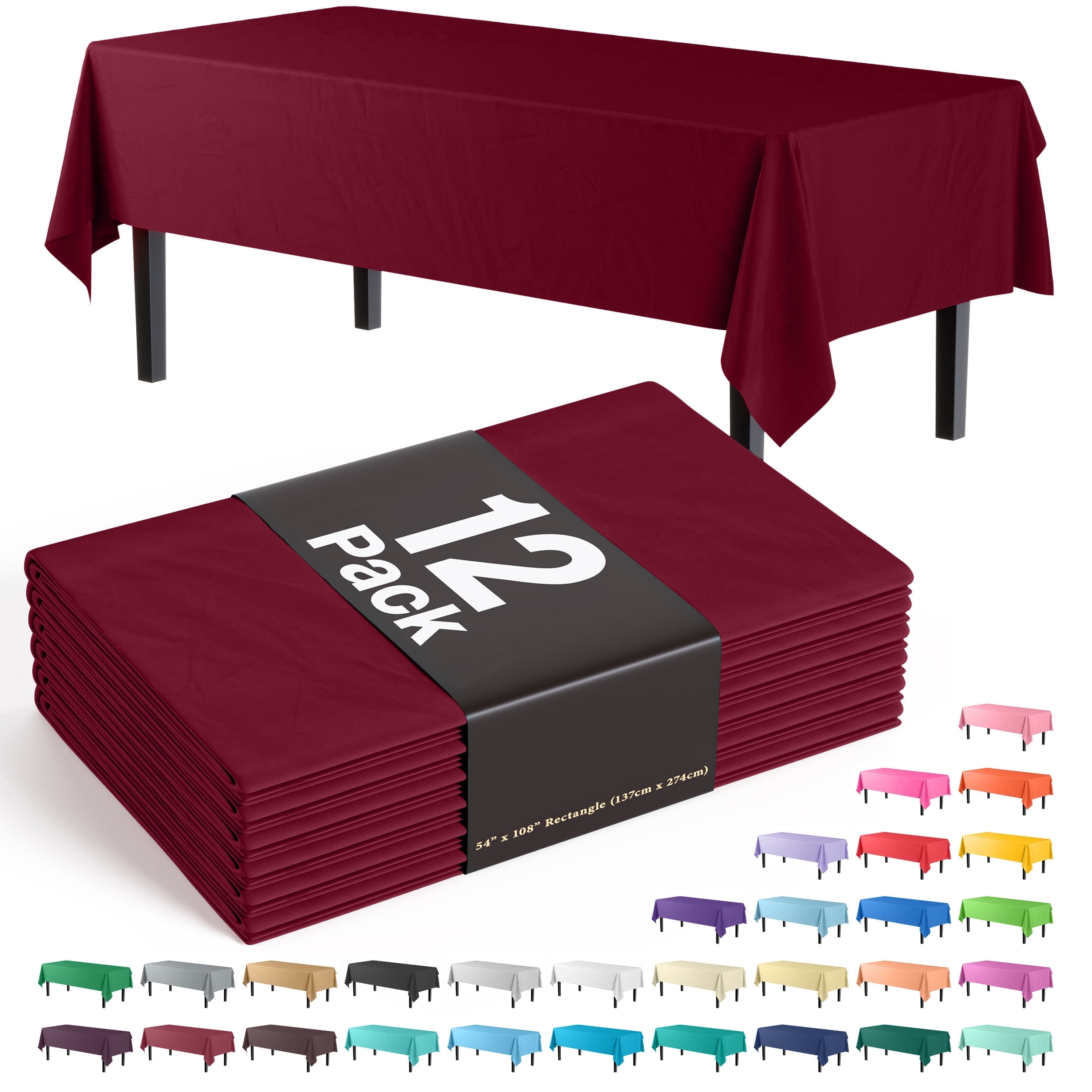 Exquisite Premium Plastic Tablecloths, 54" x 108", Burgundy, 12-Pack