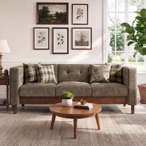 78" Modern 3-Seater Sofa, Chenille Upholstered Couch with Square Arms, Tufted Pillow Back & Walnut Rubber Wood Legs, Multi-Cushion Sofa for Living Room and Apartment, Brown