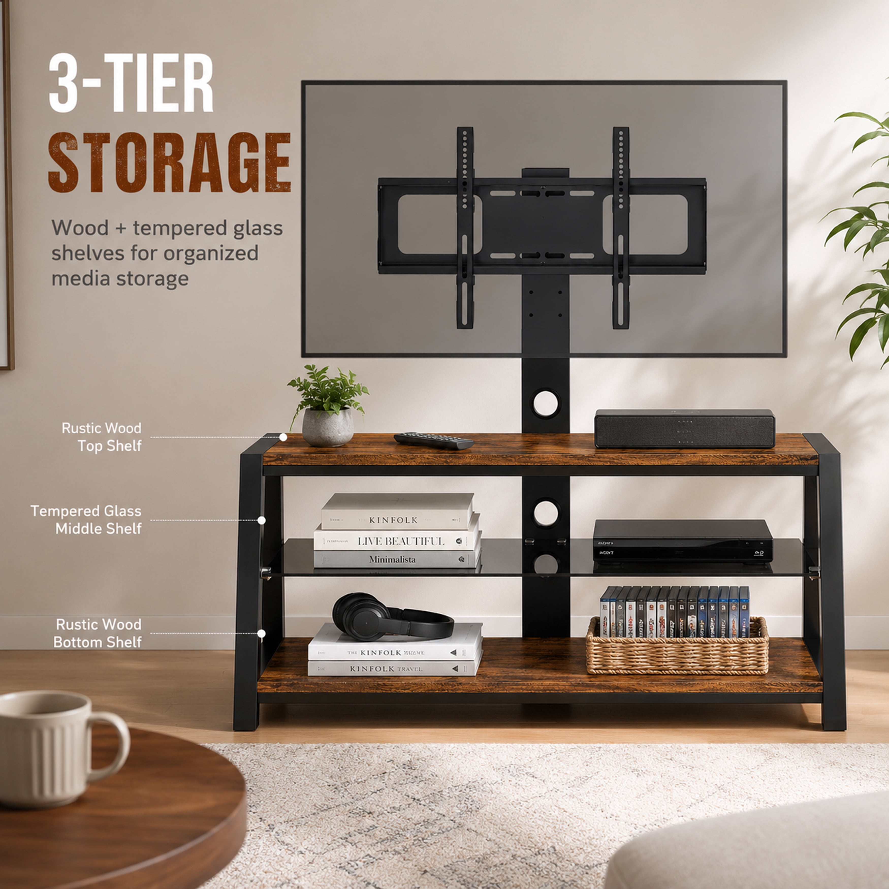 Wooden TV Stand with Swivel Mount, Height Adjustable Universal TV Floor Stand for 32-65 Inch TVs, 3-Tier Tempered Glass Entertainment Center with Power Outlet, Wire Management