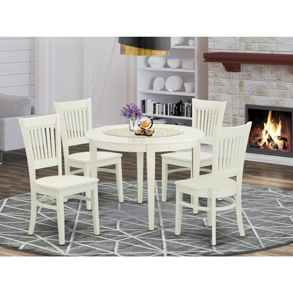 5-Piece Kitchen Dining Set - Round Table with 4 Chairs - Linen White Wood Table Set